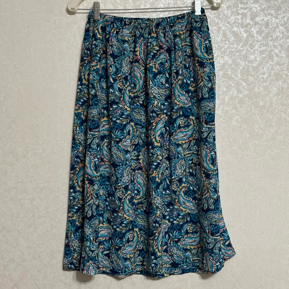 Blair Vintage Midi Skirt Paisley Print Blue‎ Teal Elastic Waist Pockets Boho PS